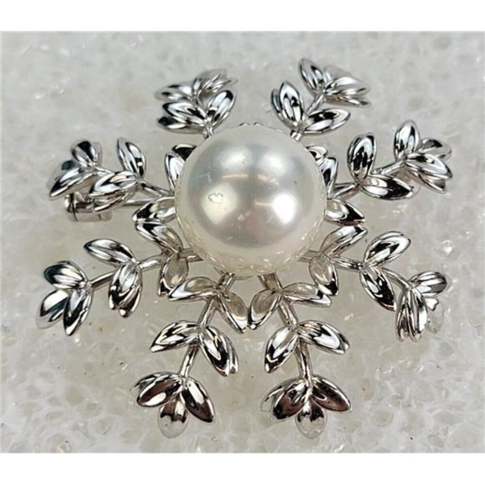 Vintage 925 Sterling Silver Floral Brooch Faux Pearl Center Leaf Design 35mm